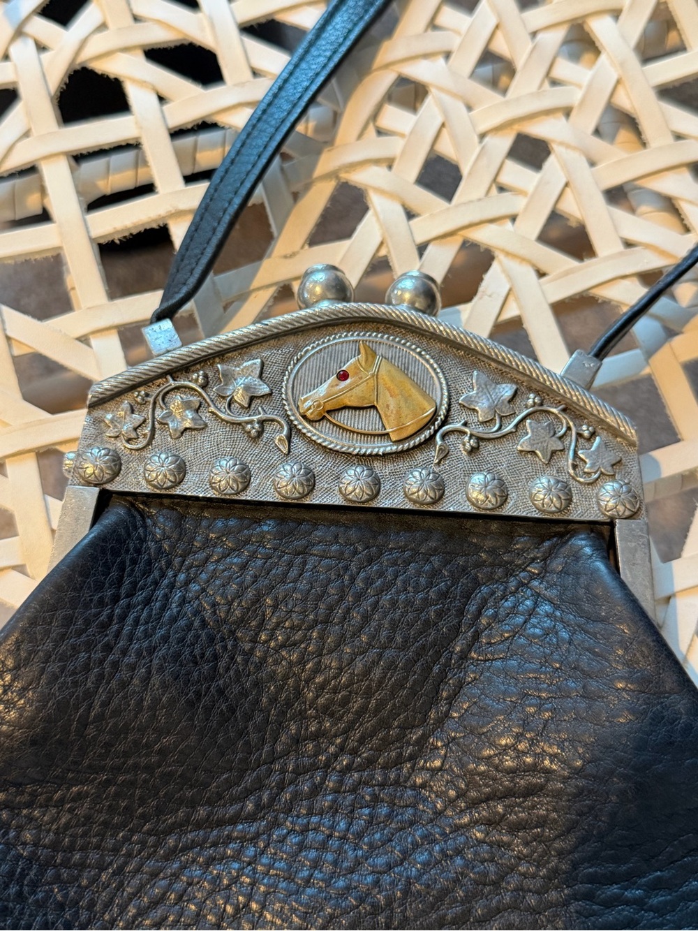 Vintage James Culver Moulin Rouge Black Leather Purse Horse Detail